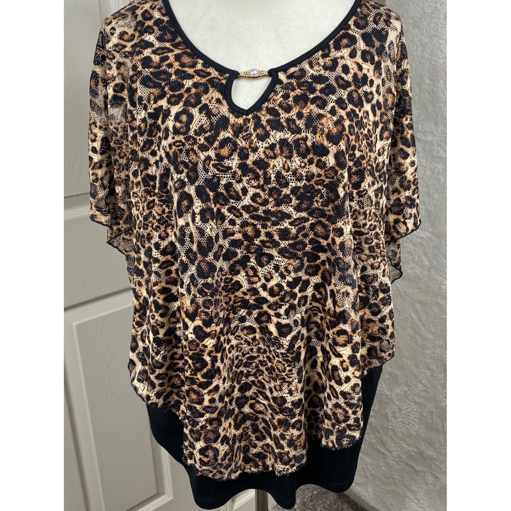 Onyx Apparel Leopard Print Tunic Flutter Top Blouse Womens Size 2X Mob‎ Wife